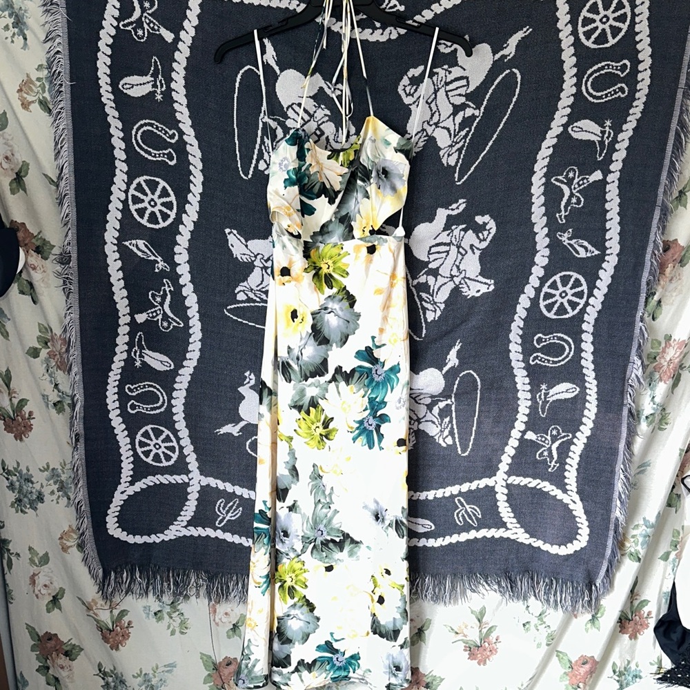 Floral Satin Maxi Dress in White and Green